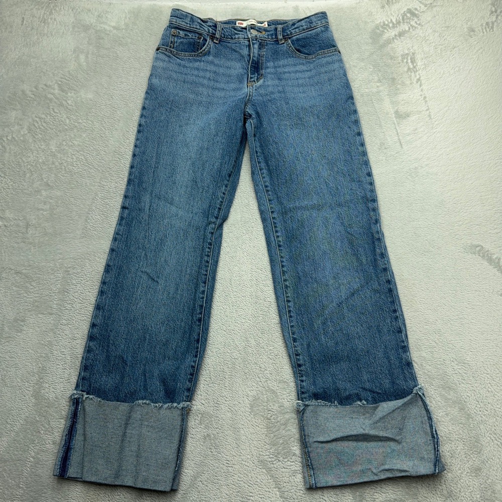 Levis Jeans Girls 14 Blue Wide Leg Raw Cuff Adjustable Waist Denim Pants